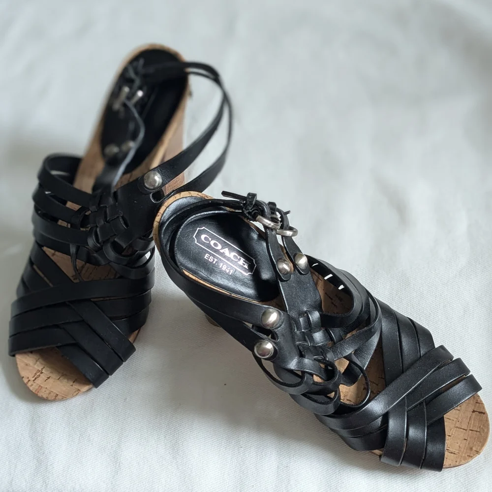 Coach Black Leather Adrienn Strappy Block Heel Cork Sandals 6.5